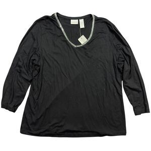 Chico's T-Shirt Top Women's XL Black 3/4 Sleeve Rhinestone Rasia Sparkle Stretch